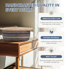 ZOES HOMEWARE Sapphire Blue Small Basket handles demonstrate easy grab-and-go toy organization