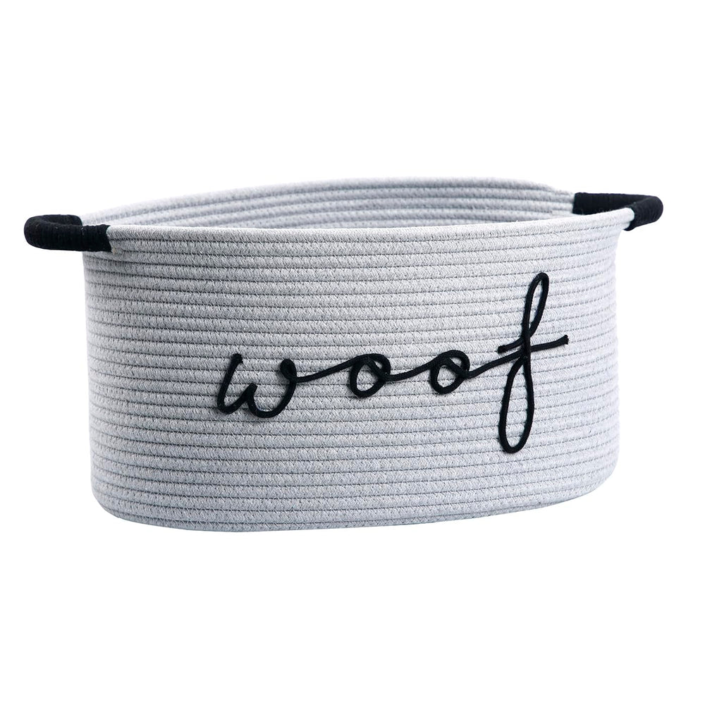 ZOMBATI Woof Dog Basket front view highlighting durable cotton rope for tidy toy storage.