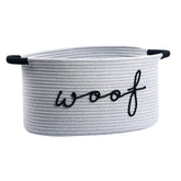 ZOMBATI Woof Dog Basket front view highlighting durable cotton rope for tidy toy storage.