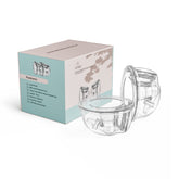 Zomee hands-free collection cups tucked inside a bra for discreet pumping on the go.