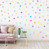 Zonon polka dots wall decals on wall brighten playroom with pastel rainbow colors.