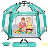 Zooawa Pop Up Playpen mint-green front view shows a safe outdoor play space for babies