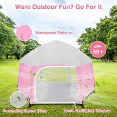 Zooawa pop up playpen side view showing side sunshades for shade coverage