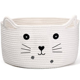 Zopeal cat basket with ear handles provides cute, practical toy storage in a tidy space.