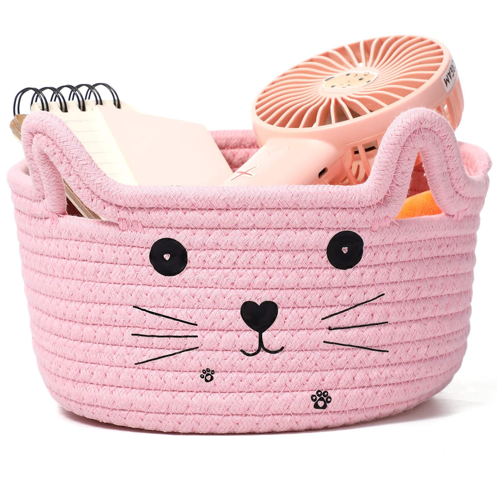 Zopeal cat basket pink front view highlights cat-face charm for stylish toy storage.