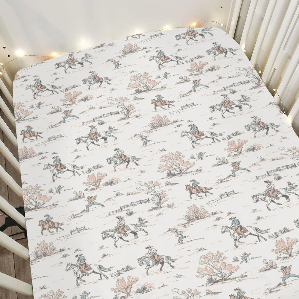 ZoUbqchY Vintage Cowboy Crib Sheet front view shows snug standard crib fit