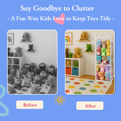 Zoxkoy plush toy organization saving floor space in a kid's room.