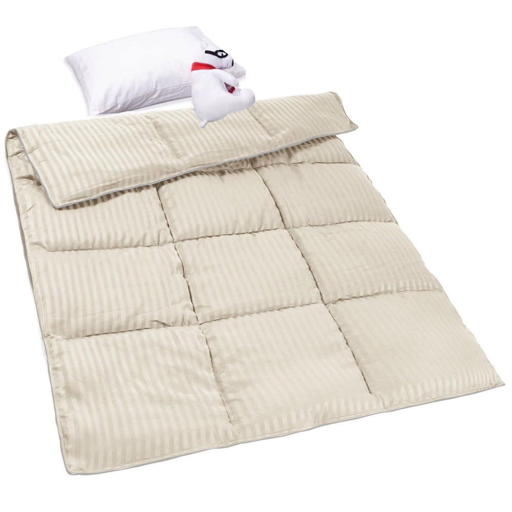 ZPECC Toddler Down Alternative Comforter cream stripe folded for cozy bedtime warmth.