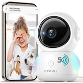 ZUMIMALL indoor camera demonstrates 360-degree pan and tilt for full room coverage.