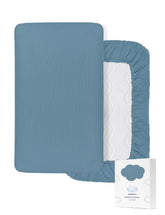 ZURLEFY blue bassinet sheet closeup shows soft muslin texture for gentle baby sleep