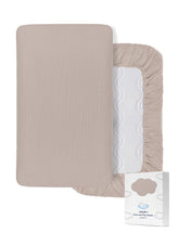 ZURLEFY Khaki Pack-N-Play sheets fabric close-up, showing soft muslin for a gentle sleep surface.