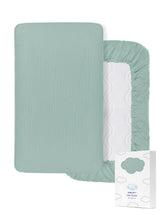 ZURLEFY muslin crib sheet in light blue shows soft-touch fabric for baby comfort.
