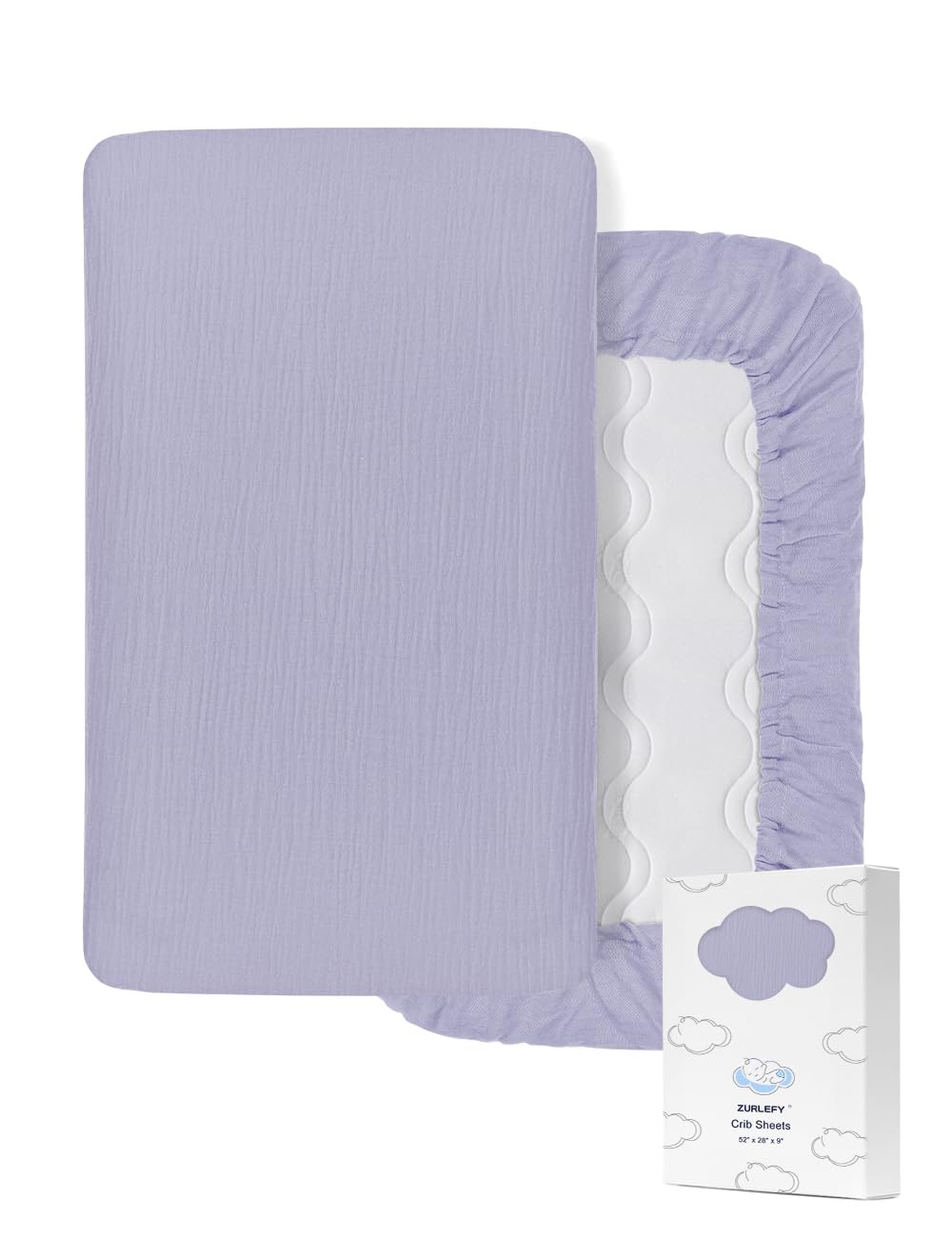 ZURLEFY purple muslin crib sheets pack shot, soft breathable cotton for gentle baby sleep