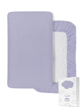 ZURLEFY purple muslin crib sheets pack shot, soft breathable cotton for gentle baby sleep