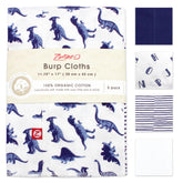 Zutano Dino Party burp cloth folded tri-fold for travel spill protection.