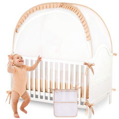 ZXPLO Baby Safety Crib Tent beige netting keeps baby cozy and safe