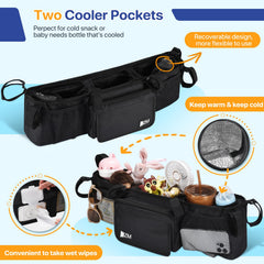 ZZM double stroller organizer shows two insulated cooler pockets for bottles on the go