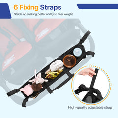 ZZM double stroller organizer uses six fixed straps to keep items stable while walking