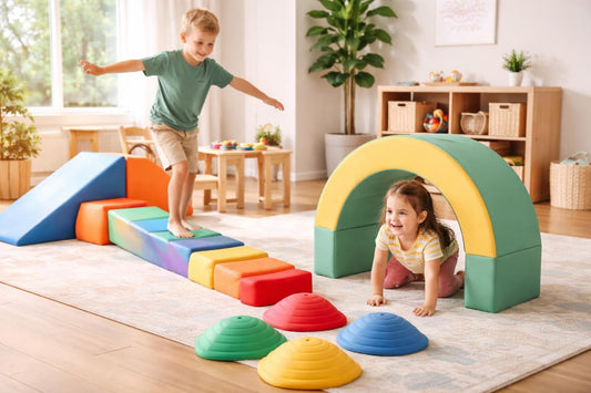 Kids doing indoor obstacle course with soft play gear