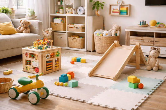 Compact kids’ play area with safe toys in apartment