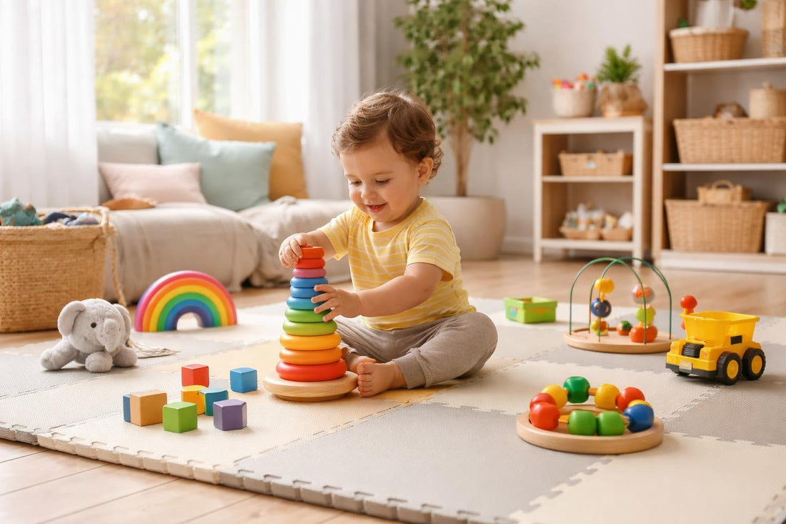 Toddler playing on safe cushioned play mat