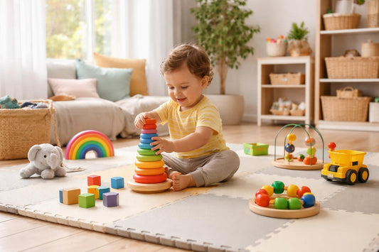 Toddler playing on safe cushioned play mat