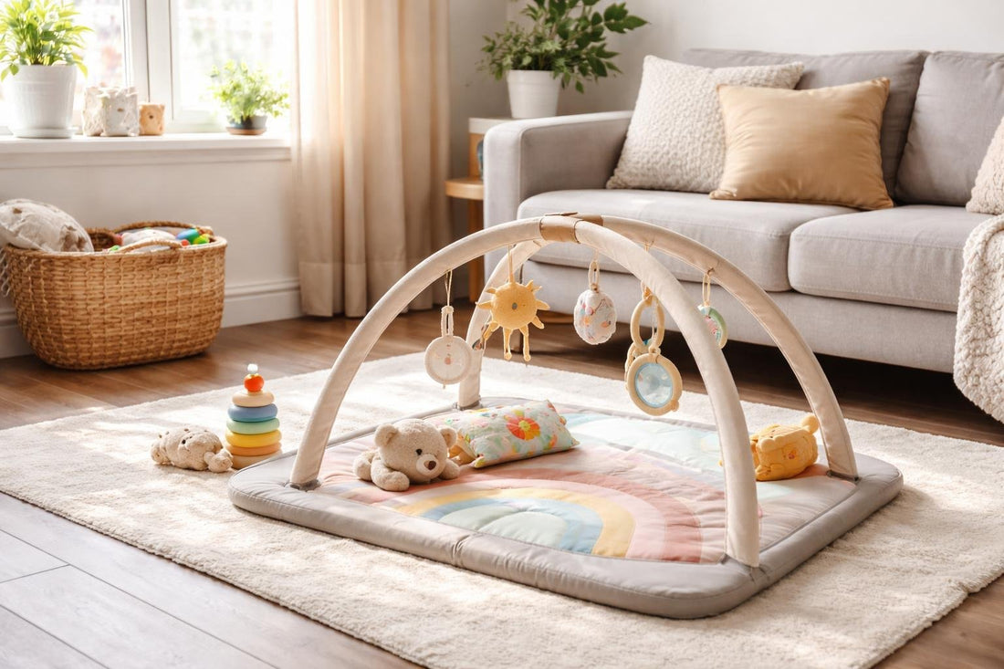 Compact baby play mat and gym in small apartment