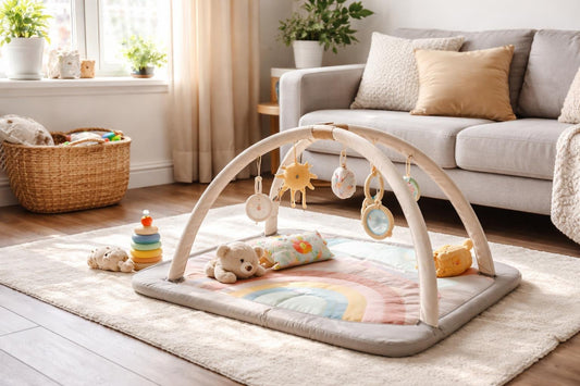 Compact baby play mat and gym in small apartment