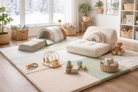 Indoor toddler play mat and lounger setup