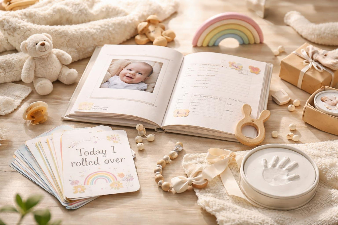 Affordable baby keepsakes like milestone cards and memory book