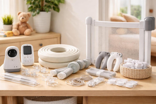 Affordable baby safety essentials arranged on a shelf