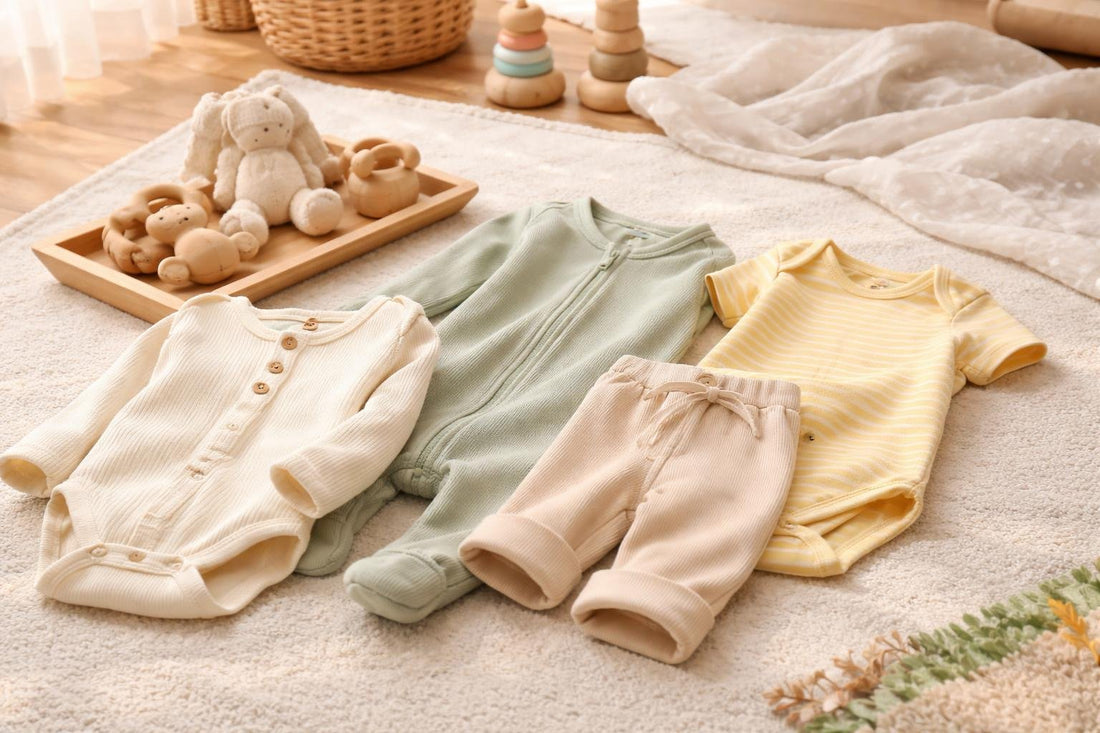 Soft baby bodysuits and sleepers laid out for layering