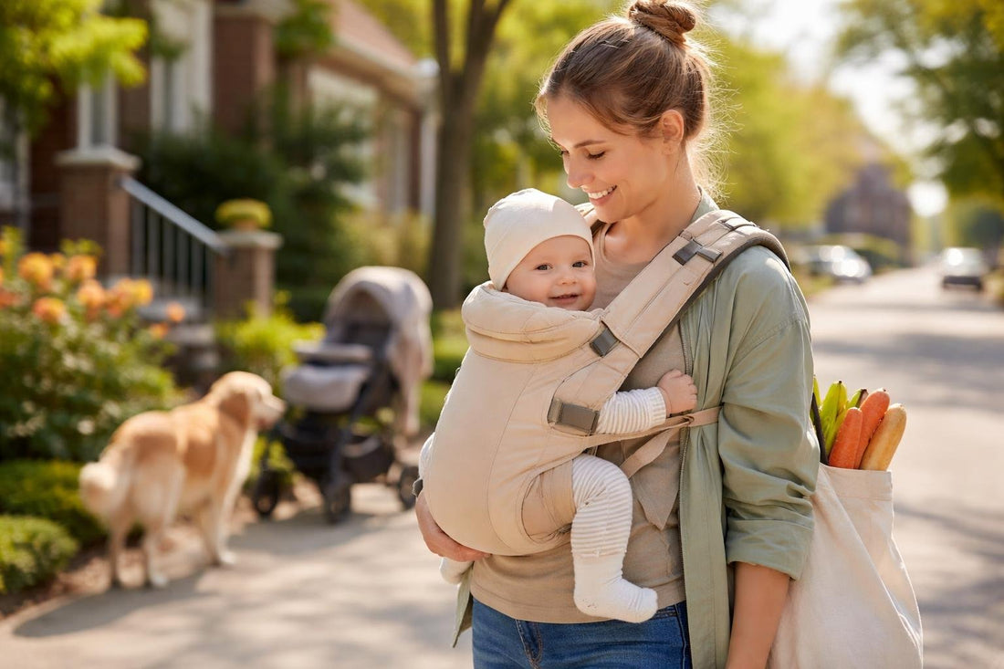 Parent wearing baby carrier on a neighbourhood walk