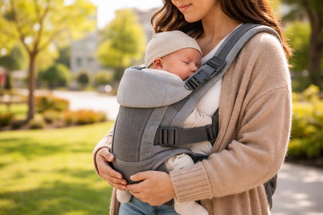 Parent wearing newborn in ergonomic baby carrier outdoors