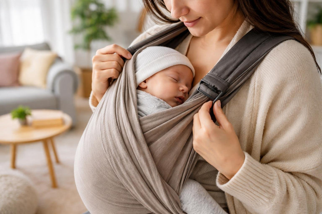 Parent adjusting newborn sling for safe fit