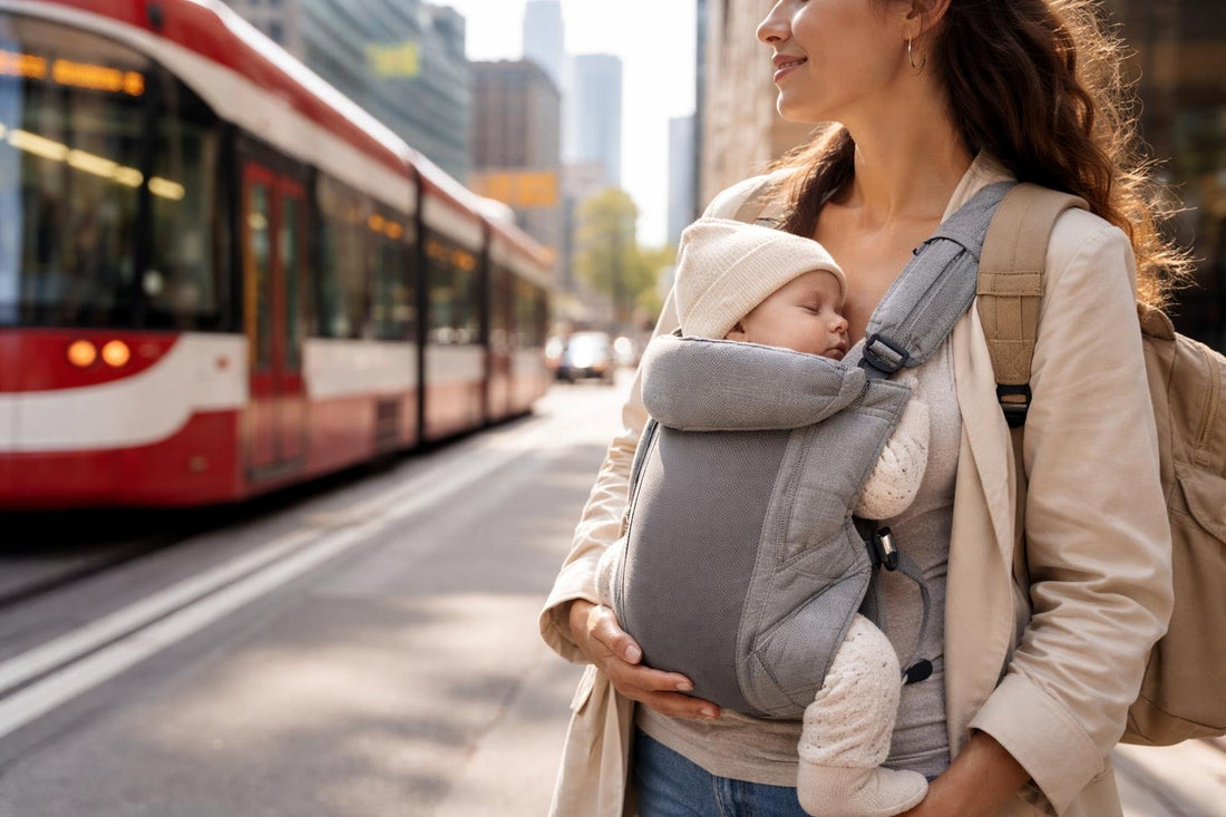 Toronto commuter using baby carrier downtown