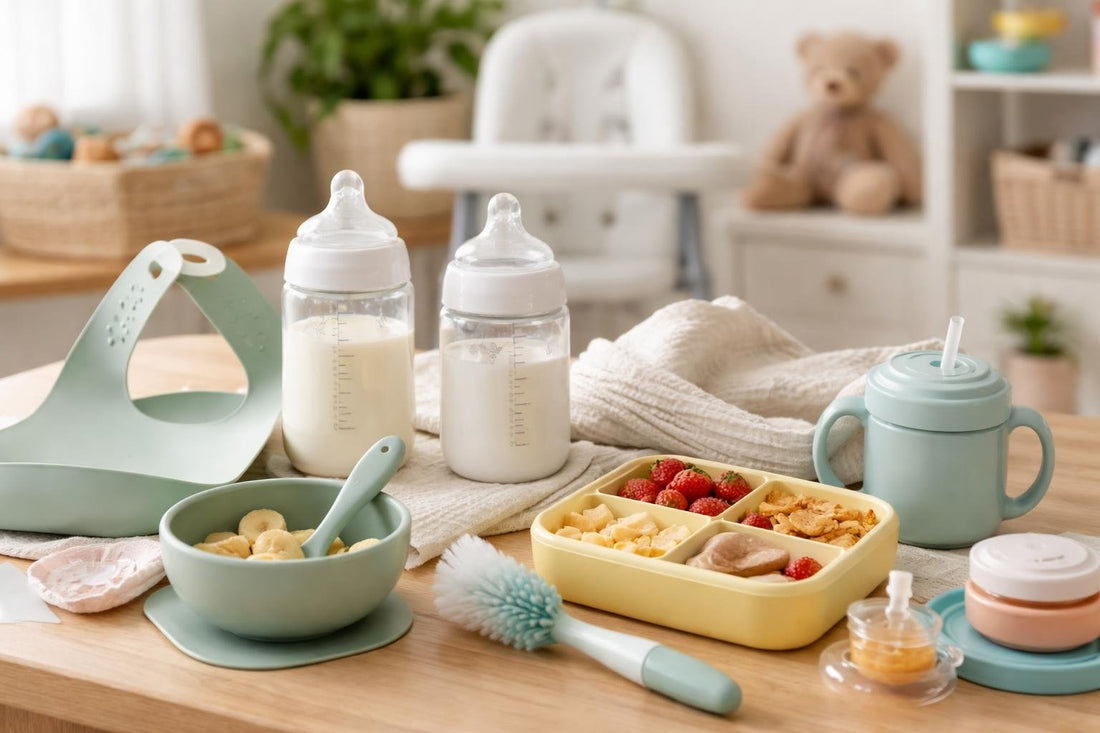 Baby feeding essentials kit with bottles, bib, spoon