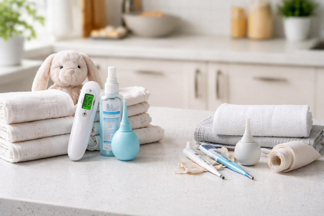 Newborn care essentials vs showing thermometers and wraps