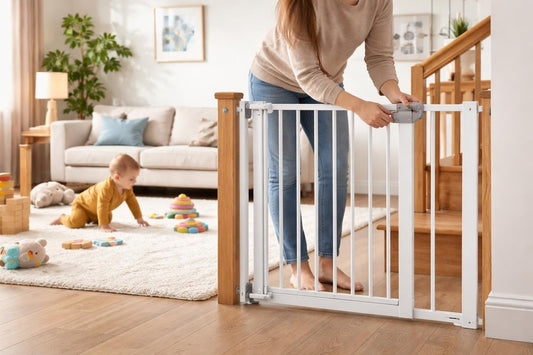 Parent installing baby gate near stairs in living room