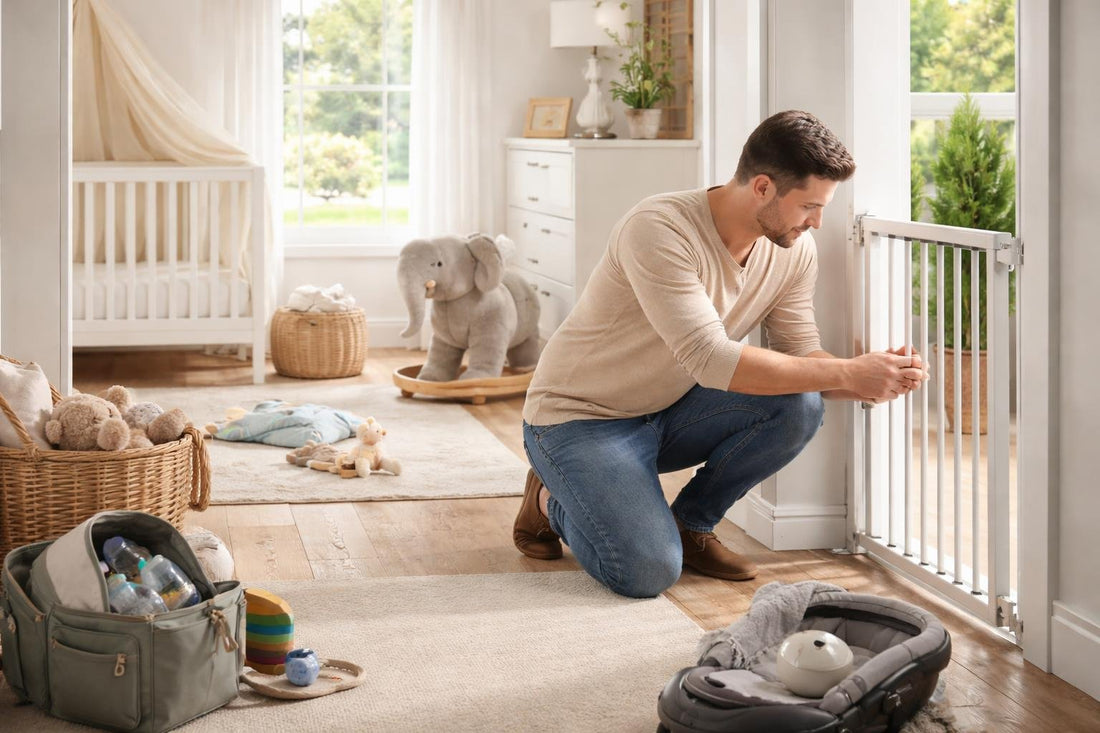 Ontario parent installing a baby safety gate securely