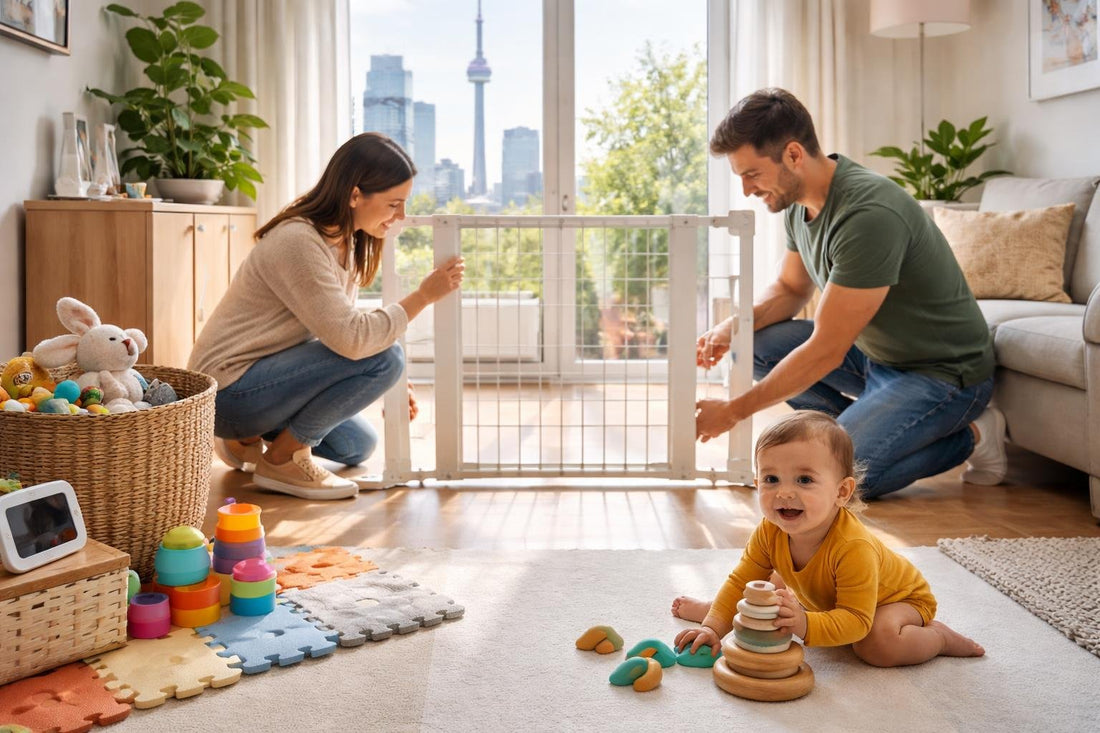 Parents installing baby gate in small Toronto apartment