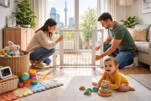 Parents installing baby gate in small Toronto apartment