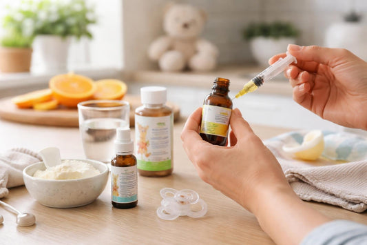 Parent measuring baby vitamin drops with oral syringe