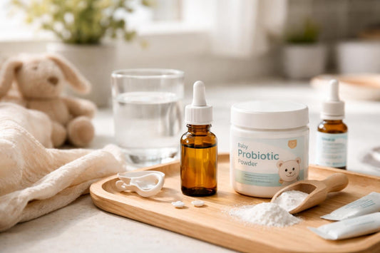 Baby supplement drops and probiotic powder on a table