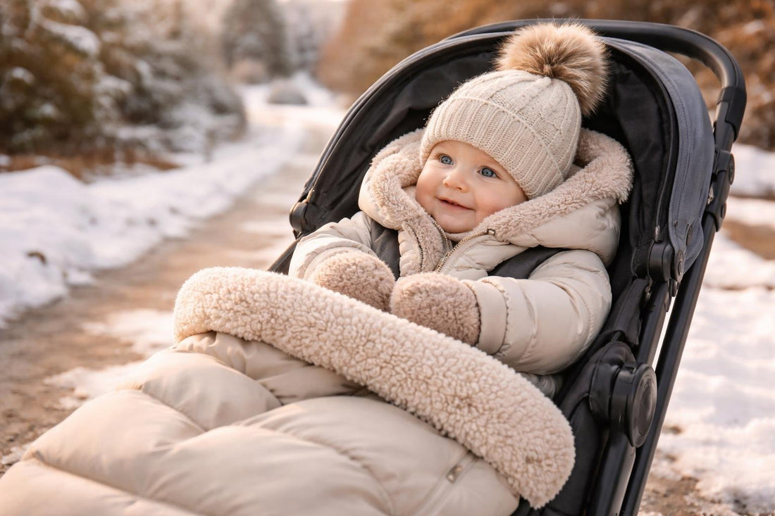 Baby in winter layers with stroller in Ontario