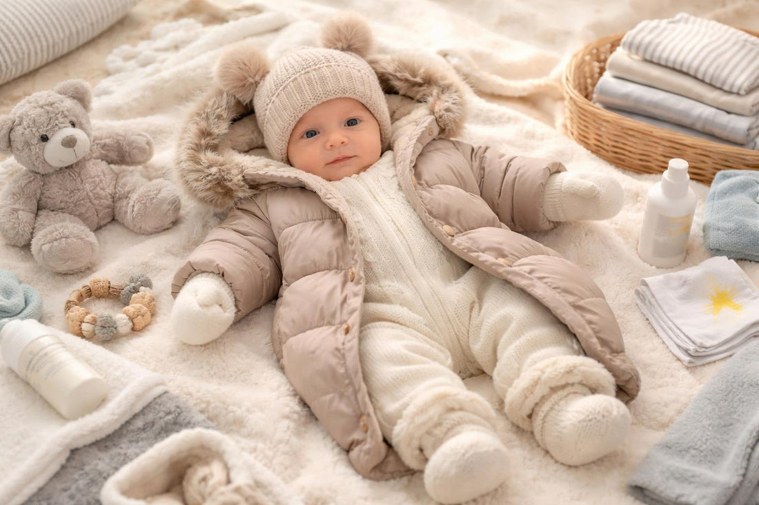 Newborn in warm layered baby winter clothing