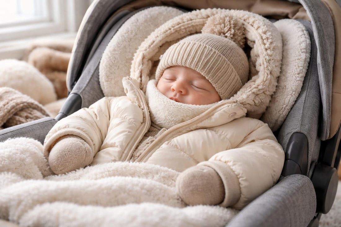 Newborn bundled in layered winter baby clothing