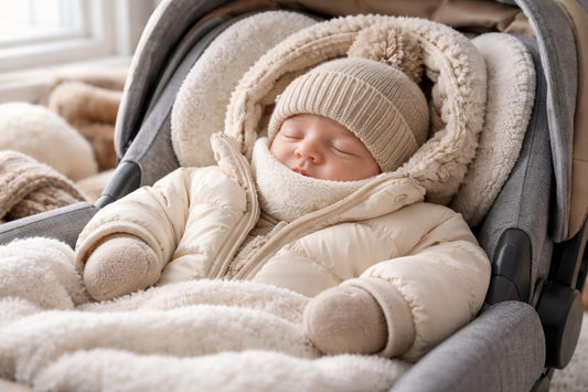 Newborn bundled in layered winter baby clothing