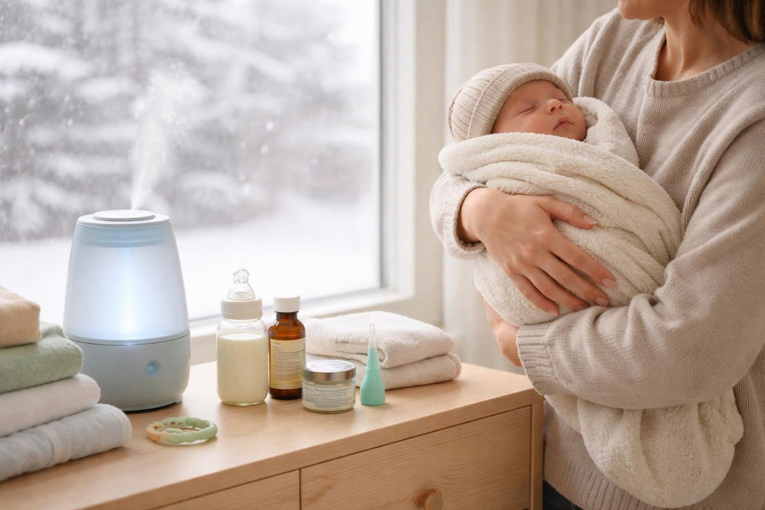 Parent holding bundled baby near window on snowy day