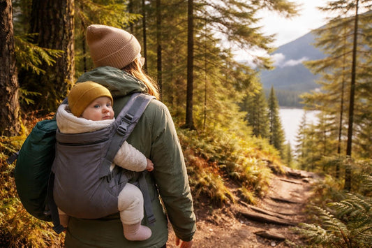 Parent wearing baby carrier on a BC forest trail